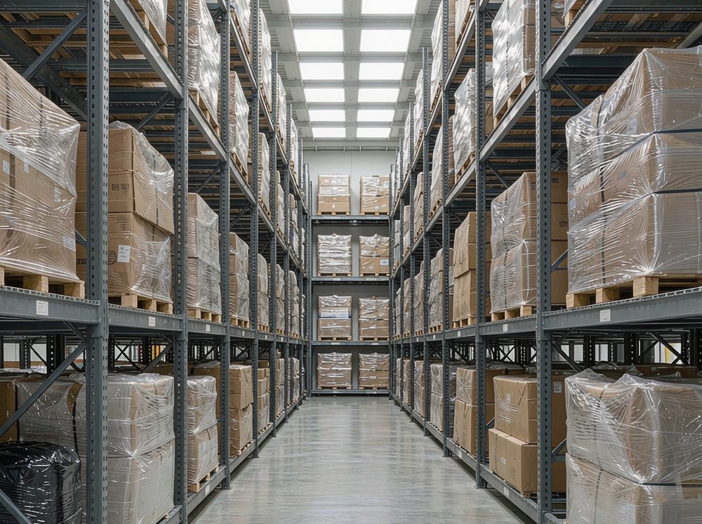 Aisle of a modern e-commerce fulfilment warehouse lined with pallets and parcels